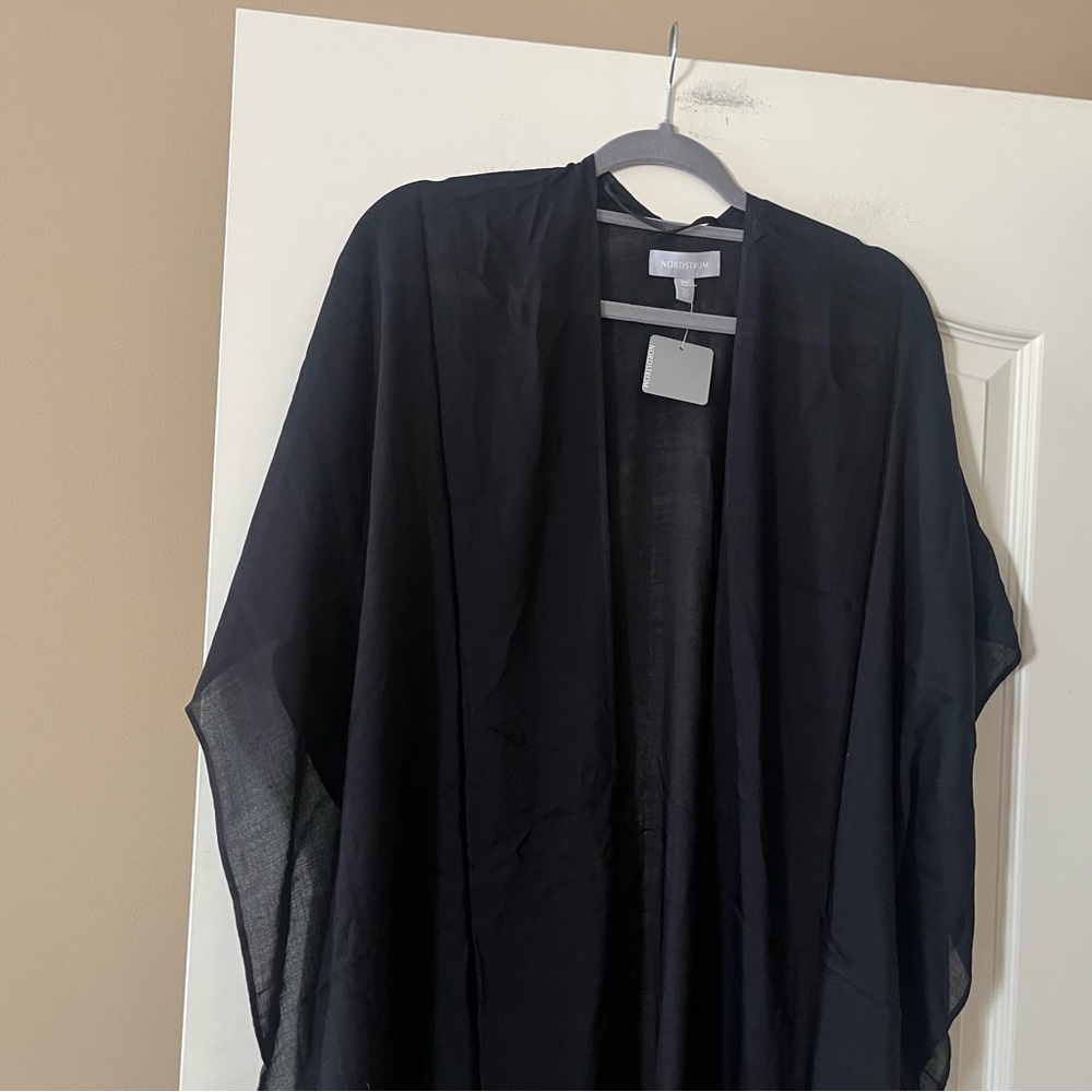 New! Nordstrom Black Viscose Kimono ruana style with Fringe OSFM - Picture 10 of 15